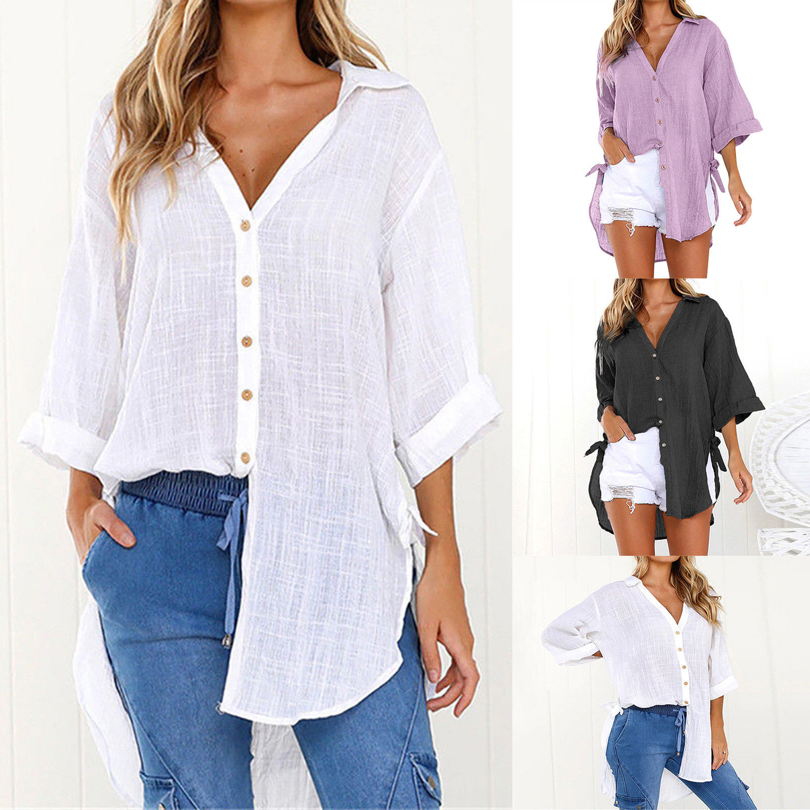 3/4 Sleeve Linen Shirt Women White Button Turn Down Collar
