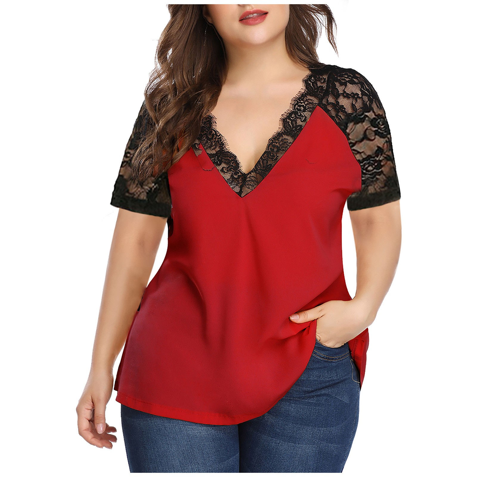 Plus Size Women Solid Floral Lace Shirts 