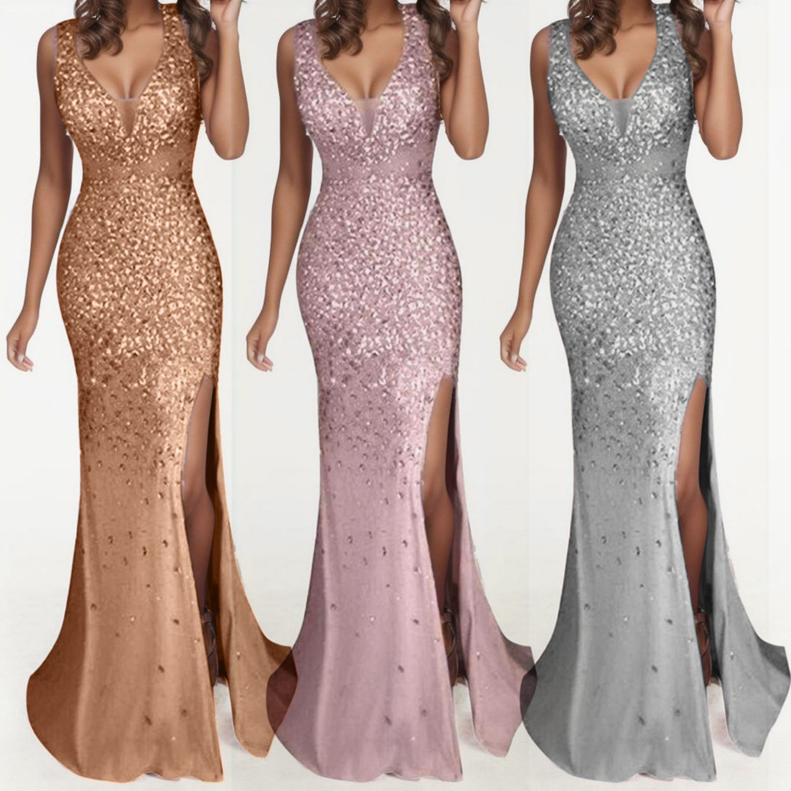 Deep V Split Glitter Sequins Wedding Long Dress Elegant 