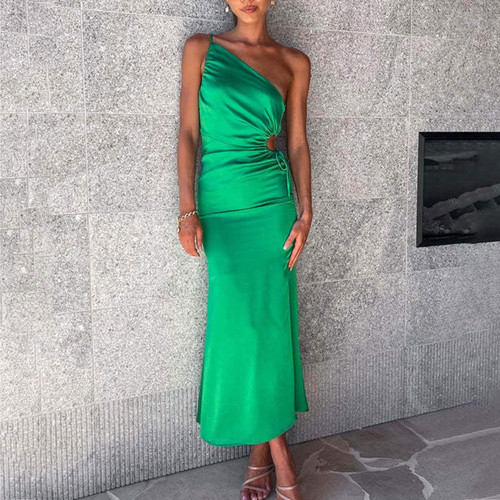 One Shoulder Long Satin Dresses with Pockets Regency