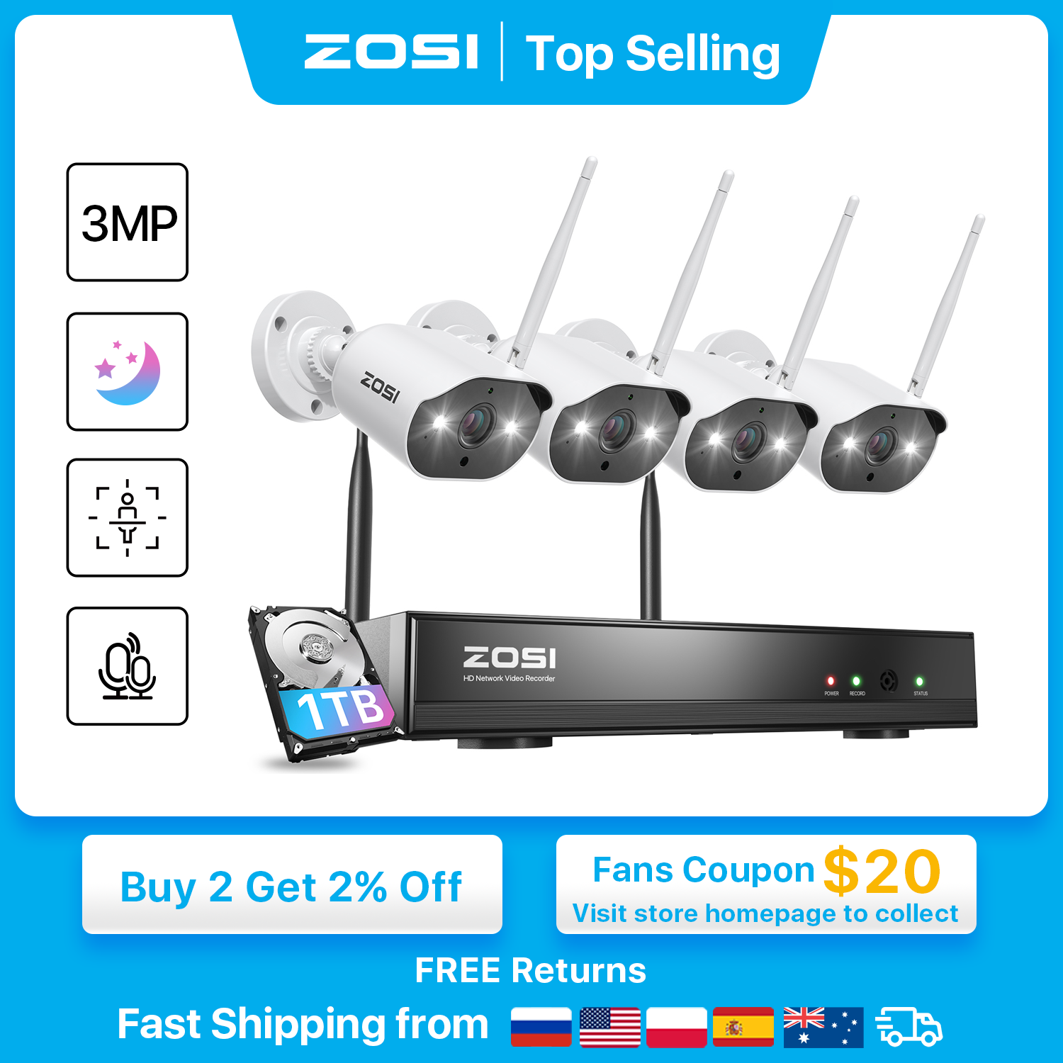 ZOSI 3MP Wireless Security Cameras System with 8channel
