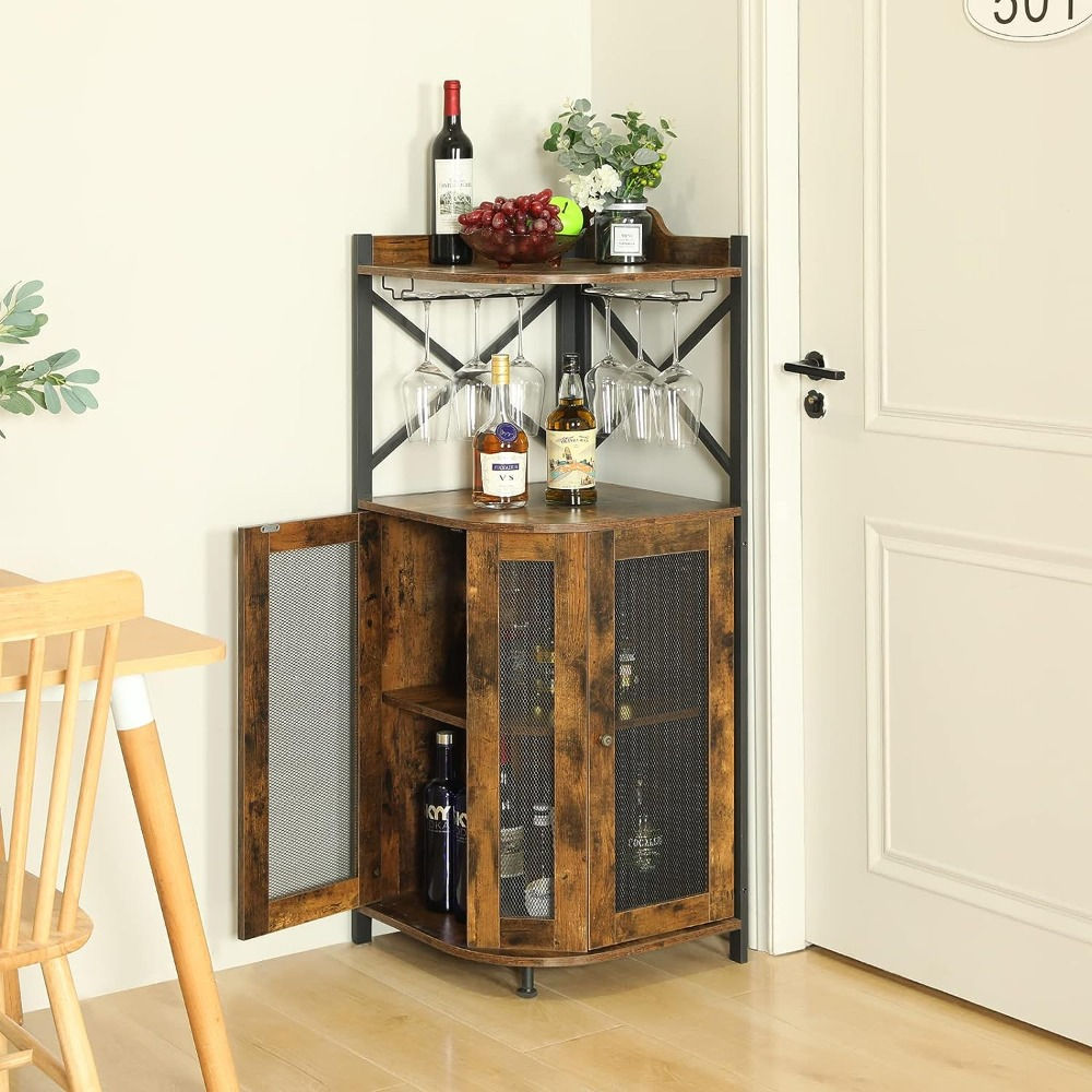 Corner Bar Cabinet with Glass Holder Wine Cabinet with Mesh Door