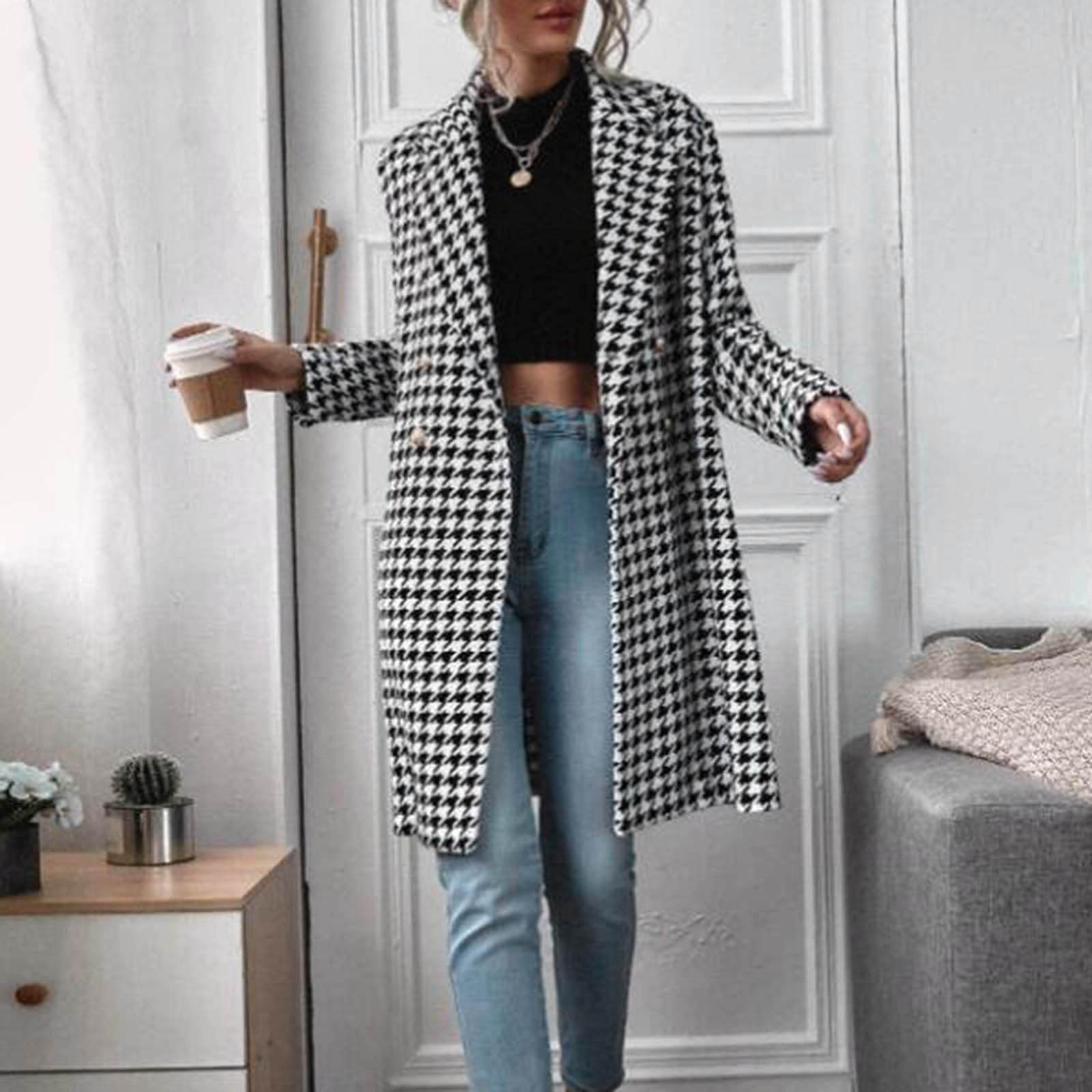 Wool Blends Houndstooth Long Woolen Jacket Women 2024