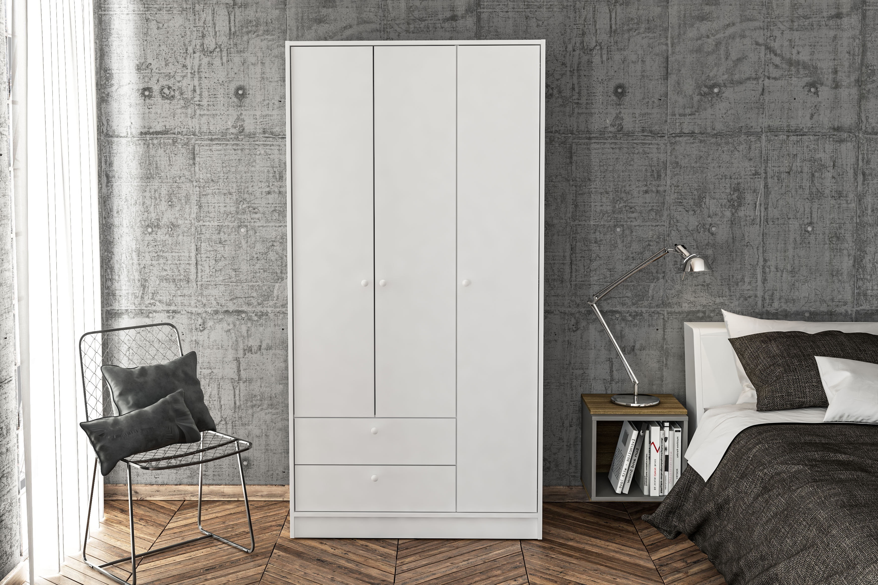 Denmark 3 Door Wood Bedroom Armoire with Drawers