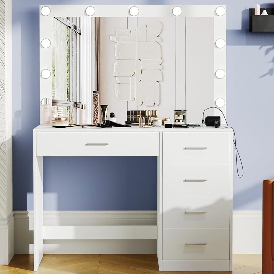 Keehusux Vanity Table with Large Mirror and 3 Color Adjustable Lights