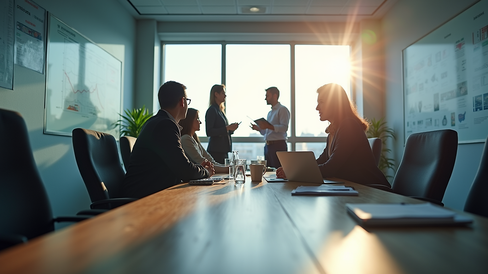 Eye-level view of a modern office meeting room with procurement team discussing strategies