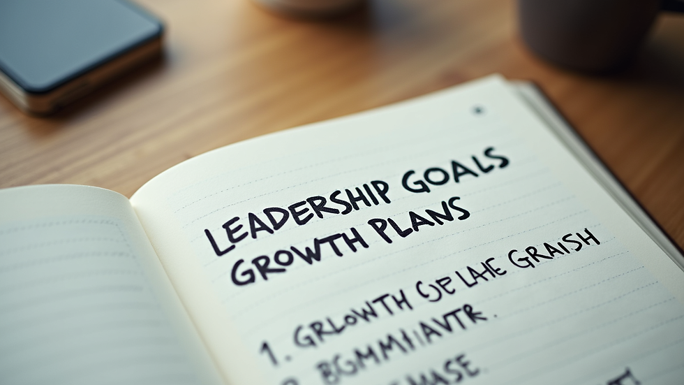 Close-up view of a notebook with leadership goals and growth plans written