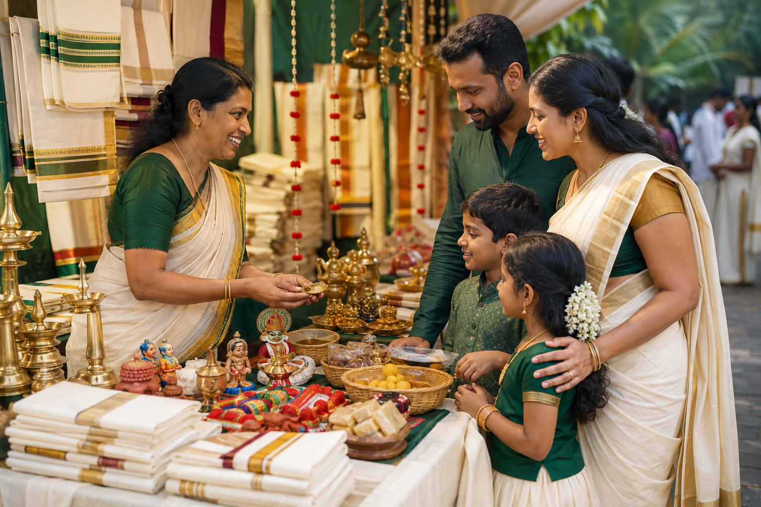 Family visiting an Onam market stall