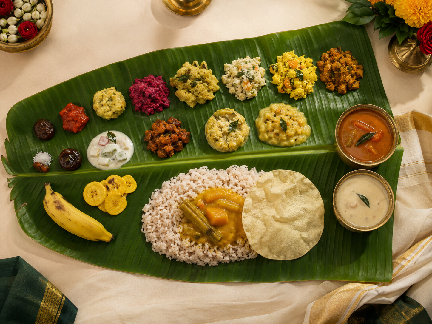 Traditional Onam Sadhya served on a banana leaf