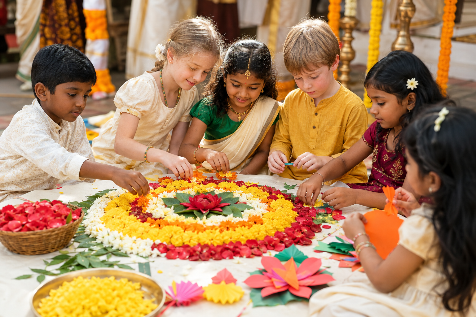 Children making a pookkalam