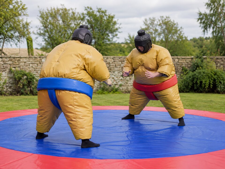 Adults in sumo wrestling suits