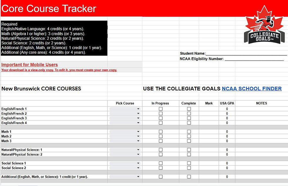 Screen shot of the New Brunswick Core Course Tracker