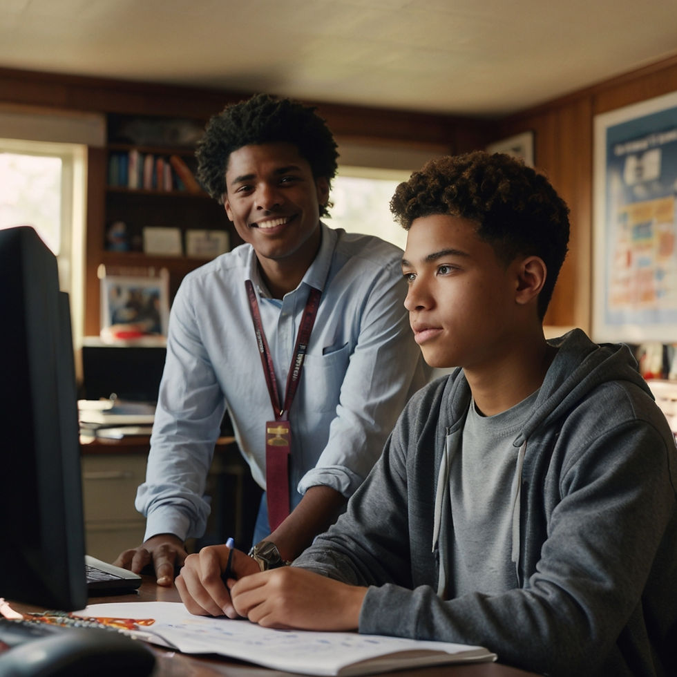 A teenage athlete sitting at a desk with a supportive parent standing beside them, preparing for a first call with a college coach. The scene is set in a warm, professional environment, emphasizing NCAA recruitment readiness and parent involvement in the process.