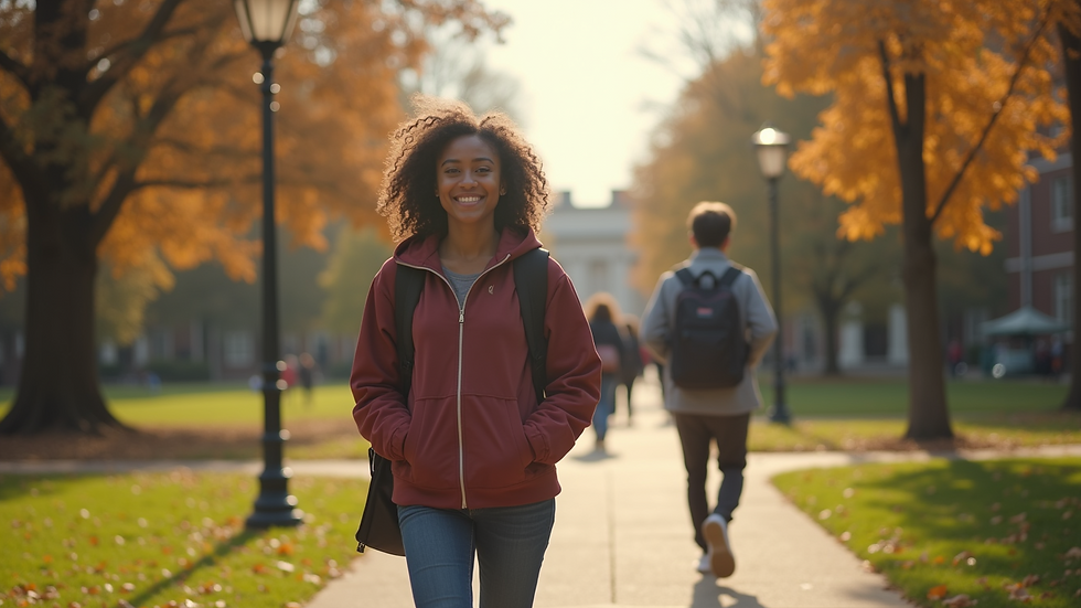 High angle view of a student-athlete walking confidently on a college campus
