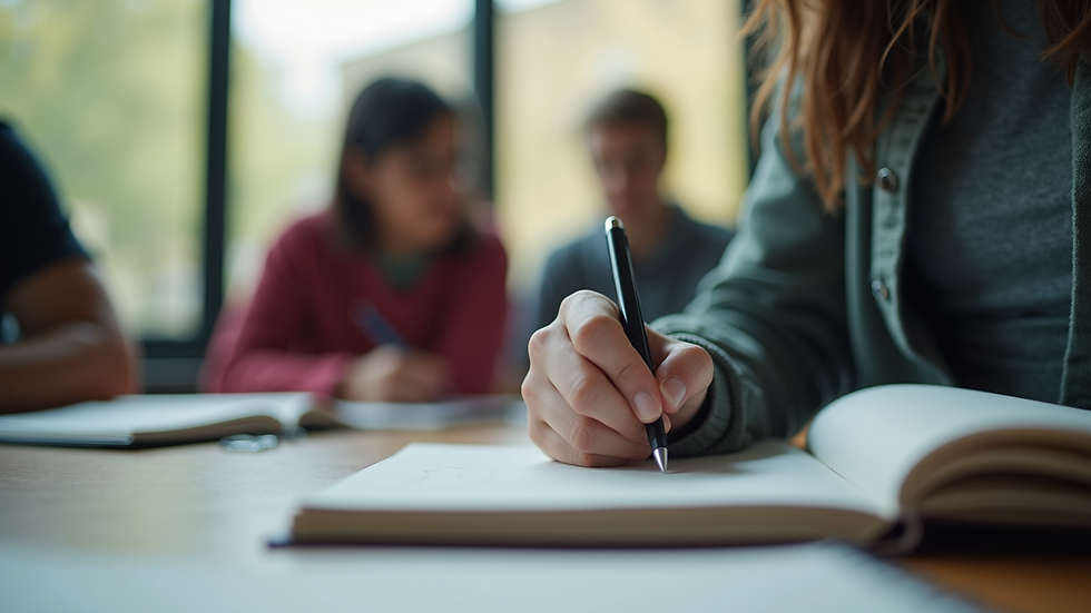 Close-up view of a high school student writing notes in a notebook