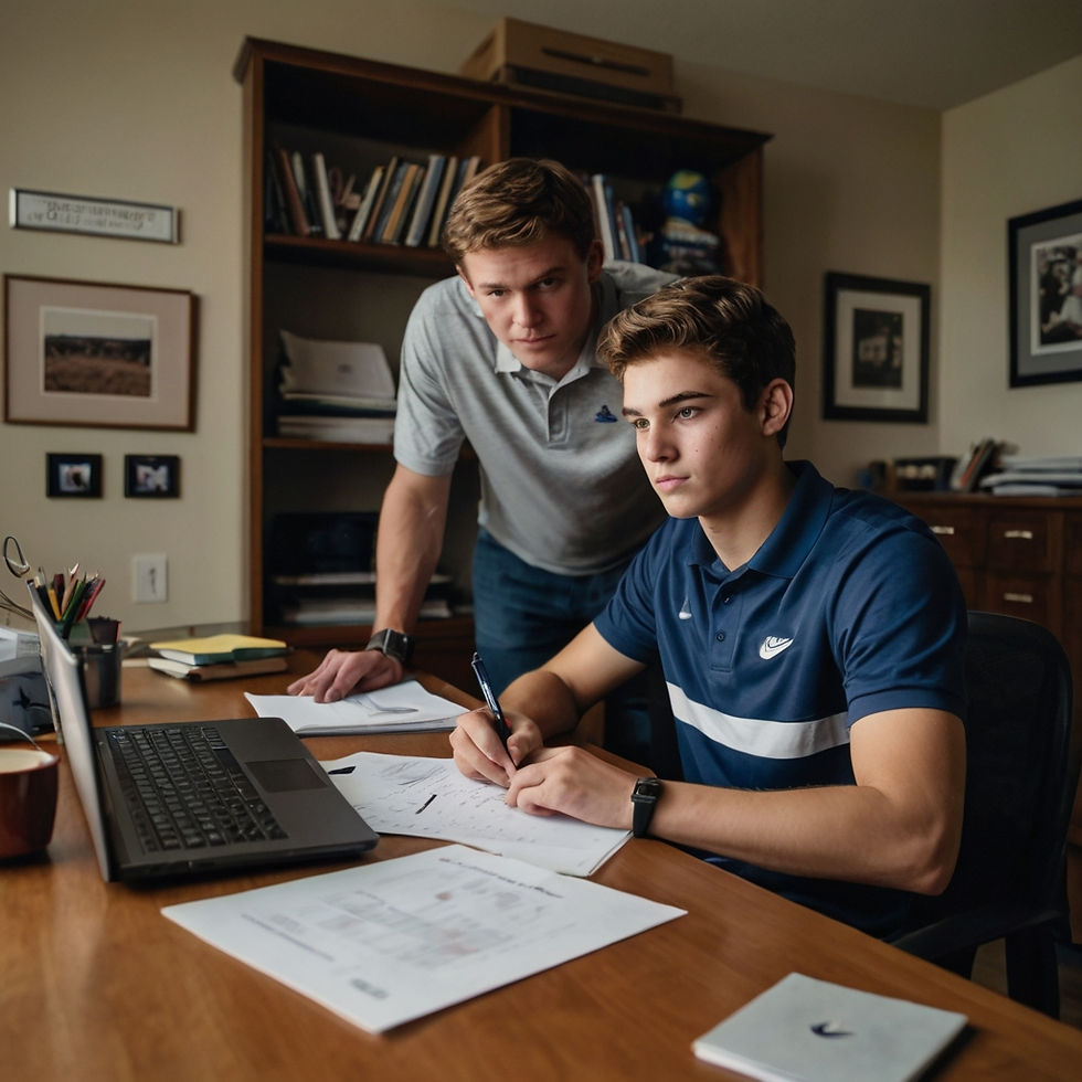 A teenage athlete sitting at a desk, focused on writing notes, with a supportive parent leaning nearby for guidance. The setting is a well-organized home office with a laptop and documents, emphasizing preparation for a first call with a college coach and parent involvement in the recruitment process.