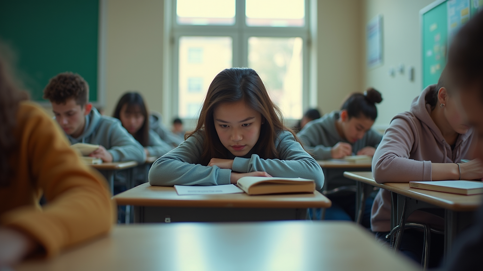 Eye-level view of a high school classroom with students studying textbooks