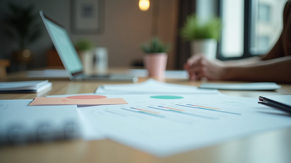 Eye-level view of a modern office workspace with branding materials spread out