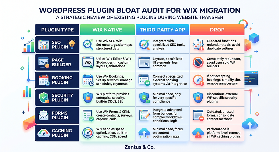 Wordpress plugin bloat replacement matrix by Zentus Agency