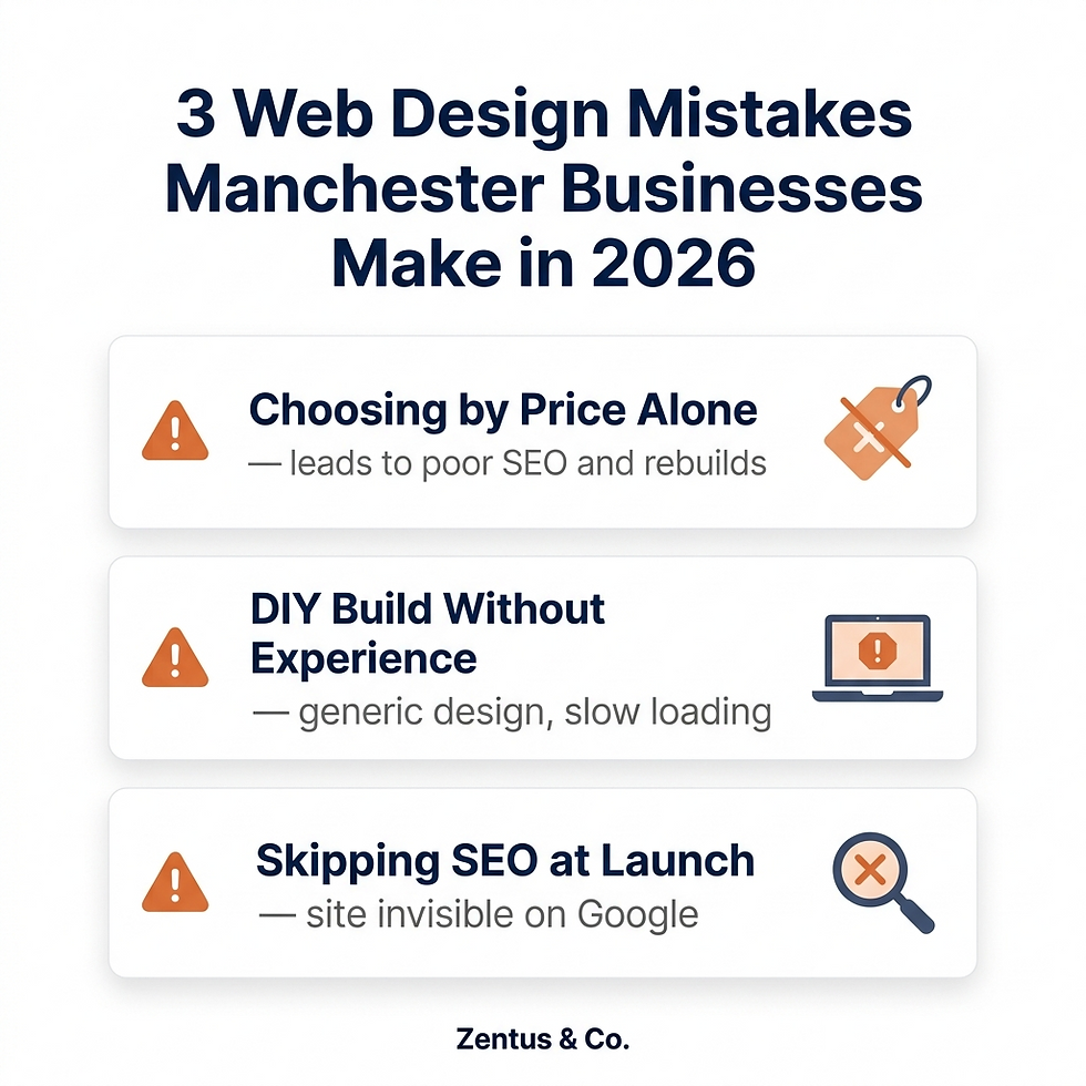 Three common web design mistakes Manchester businesses make in 2026 warning visual by Zentus Agency