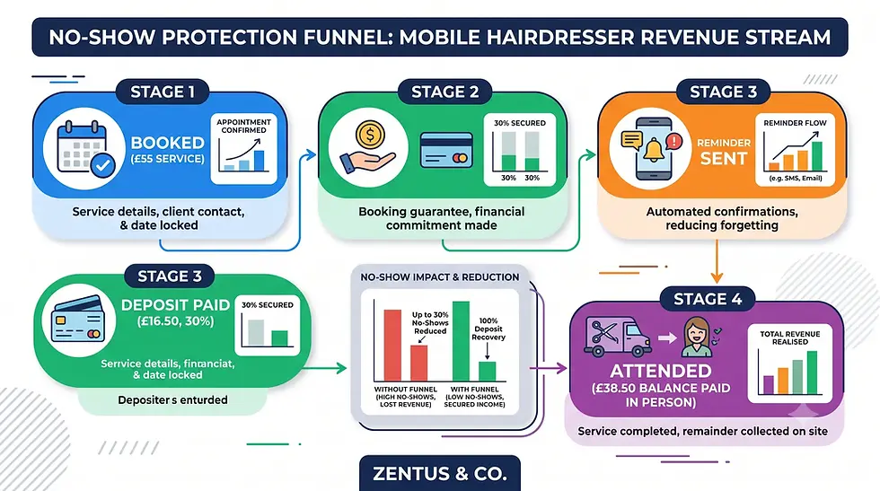 Deposits and no-show protection funnel for mobile hairdressers by Zentus Agency