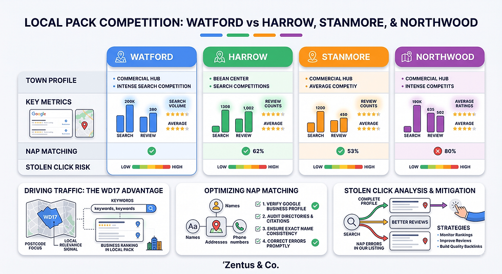 Watford local pack comparison against Harrow, Stanmore and Northwood by Zentus Agency