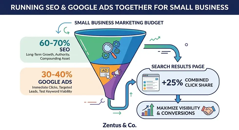 Running SEO and Google Ads together budget split funnel by Zentus Agency