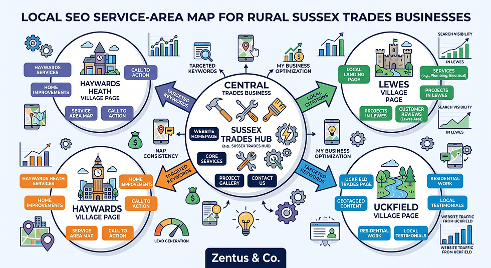 Local SEO service area map rural Sussex trades by Zentus Agency