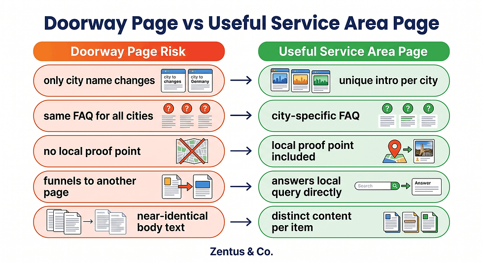 Doorway page vs useful service area page decision matrix for Wix CMS SEO by Zentus Agency