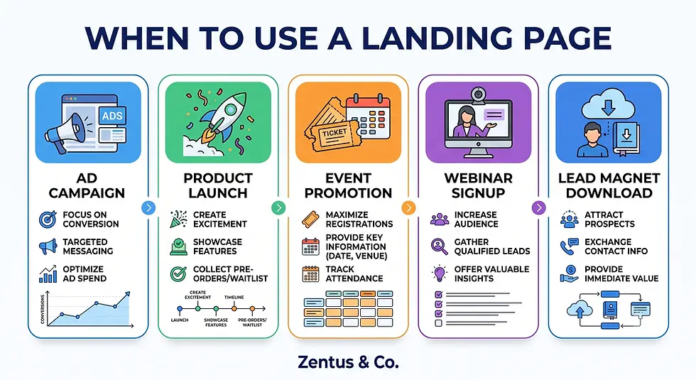 When to use a landing page instead of a website icon guide by Zentus Agency