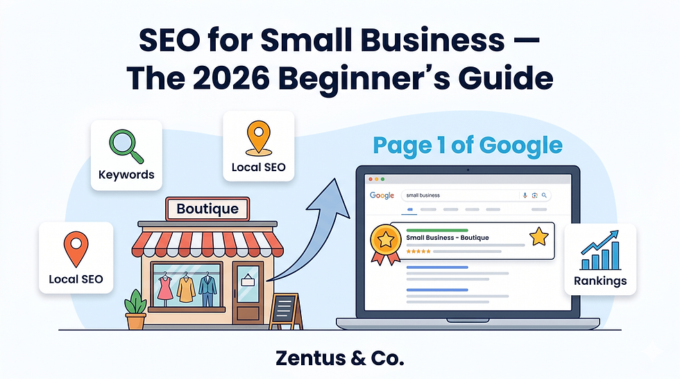 SEO for small business beginner guide 2026 showing Google ranking strategy by Zentus Agency