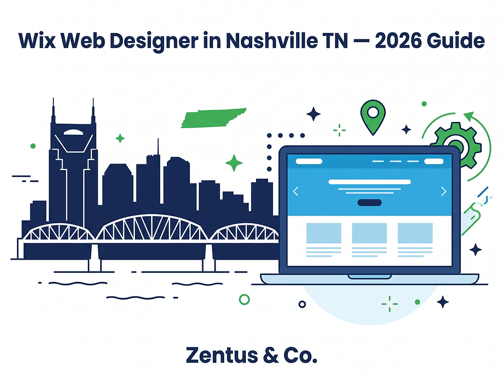 Wix web designer Nashville TN 2026 guide showing Nashville skyline and website design by Zentus Agency