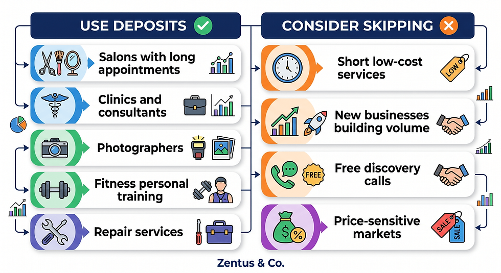 Booking deposits for small business decision matrix — which service businesses should use deposits by Zentus Agency