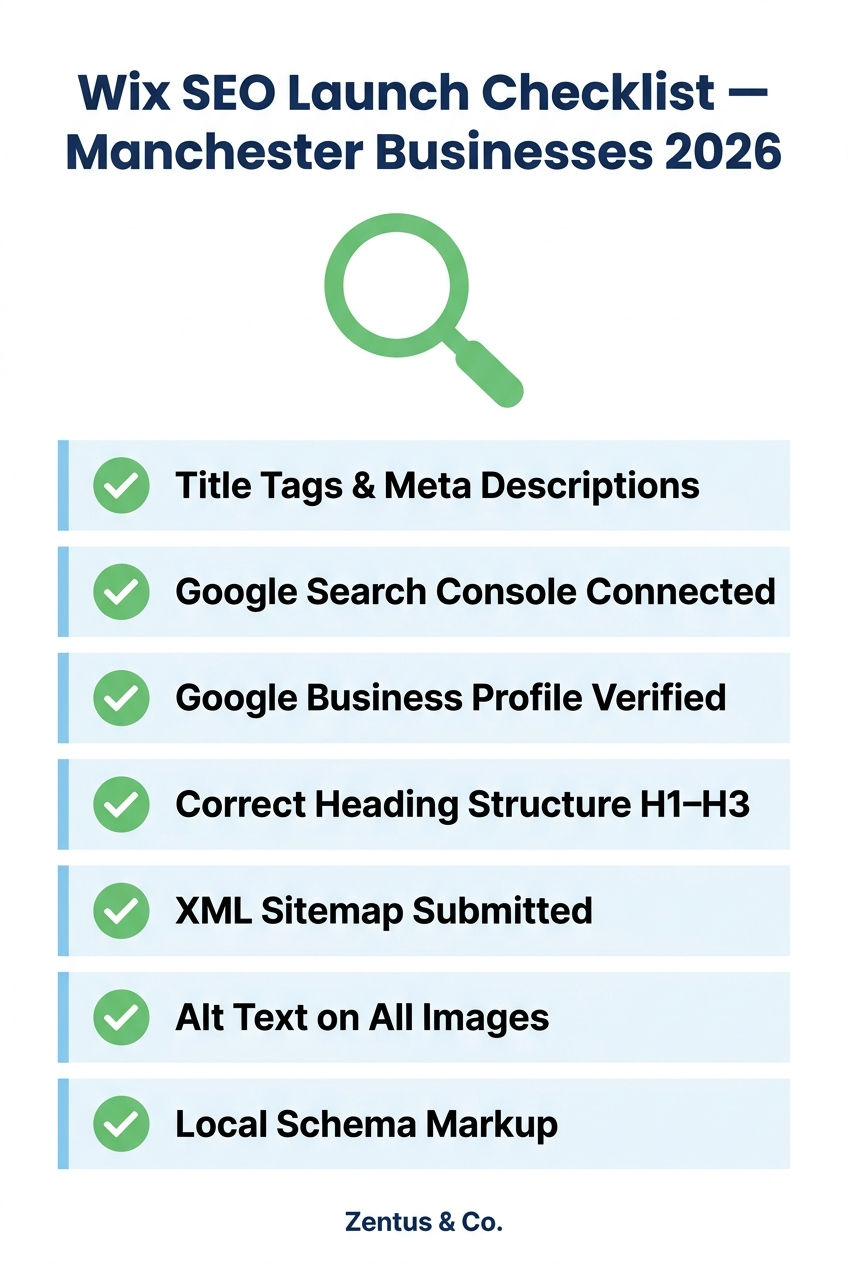 Wix Studio SEO launch checklist for Manchester businesses in 2026 — seven essential steps by Zentus Agency