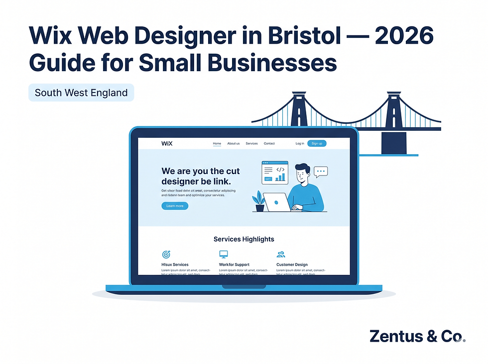 Wix web designer Bristol 2026 guide for small businesses flat illustration by Zentus Agency
