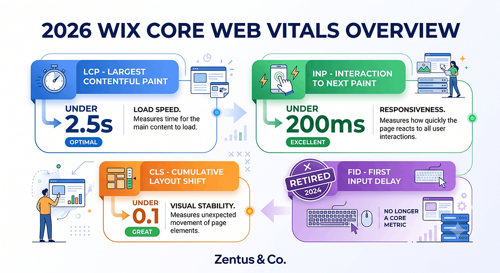 Wix core web vitals checklist 2026 overview infographic by Zentus Agency
