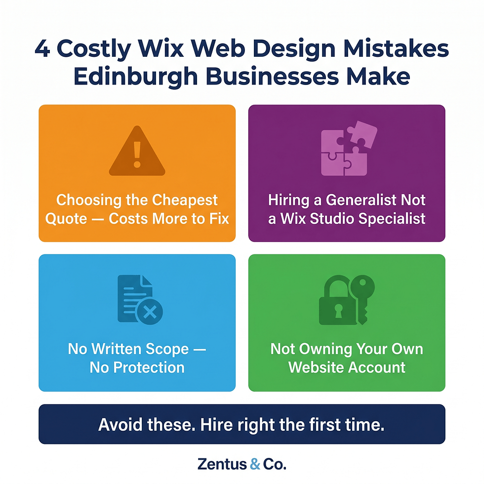 4 common Wix web design mistakes Edinburgh businesses make in 2026 — warning infographic by Zentus Agency
