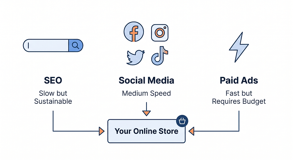 Three ecommerce traffic channels for a new online store — SEO, social media, and paid advertising explained by Zentus & Co.