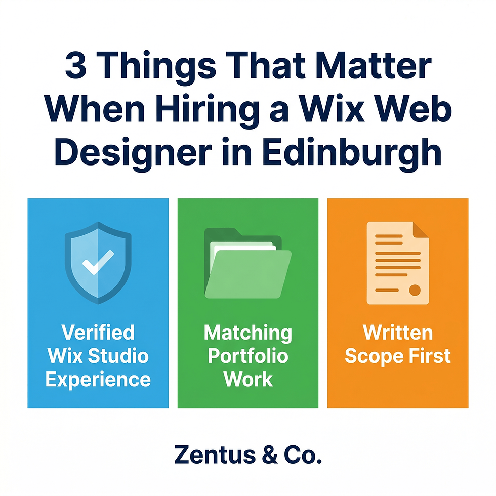 3 key criteria for hiring a Wix web designer in Edinburgh — experience, portfolio, written scope by Zentus Agency