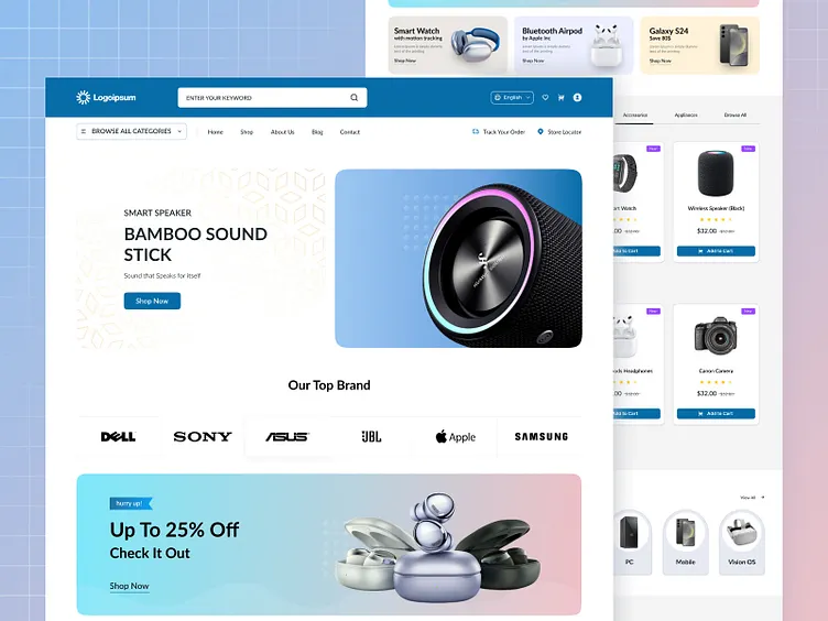 Website product page with Bamboo Sound Stick and other electronics for sale