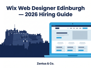 Wix web designer Edinburgh 2026 hiring guide infographic with Edinburgh skyline and laptop mockup by Zentus Agency