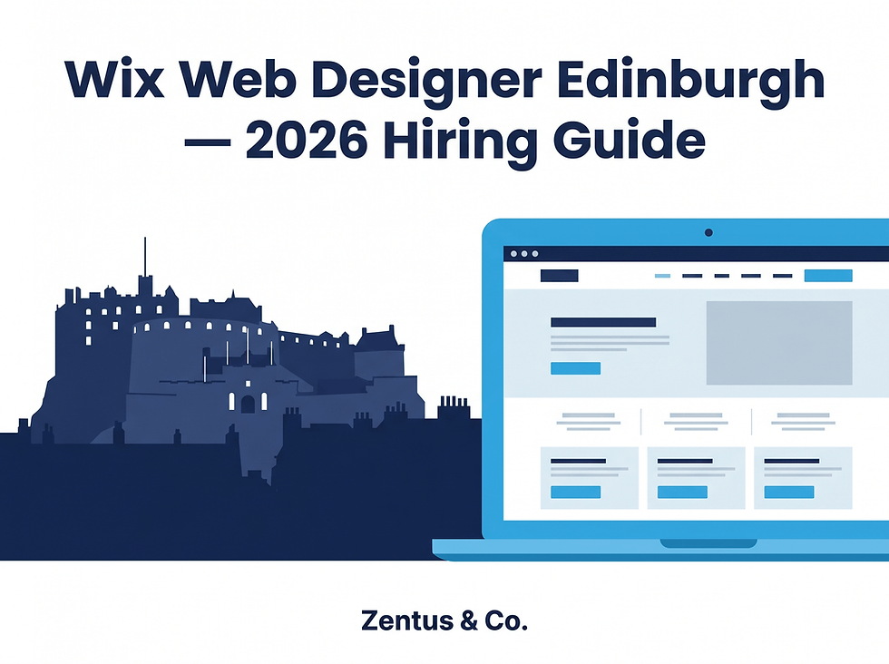 Wix web designer Edinburgh 2026 hiring guide infographic with Edinburgh skyline and laptop mockup by Zentus Agency