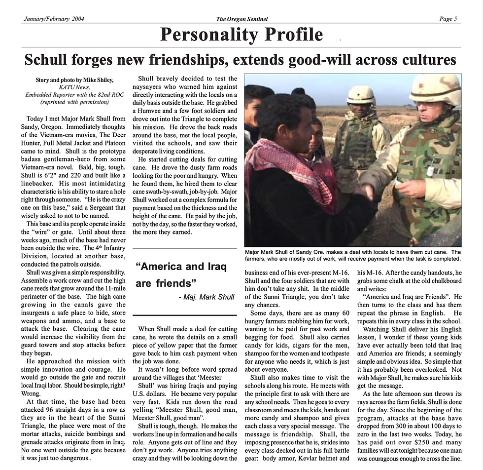 Screenshot of a Personality Profile on Mark Shull in The Oregon Sentinel, January/February 2004 Edition entitled "Schull forges new friendships, extends good-will across cultures"