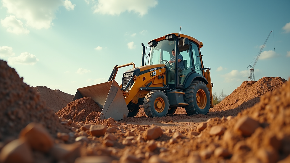 Eye-level view of a construction site with a certified operator handling a backhoe