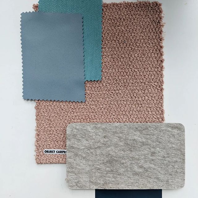 Material collage with blue textiles, PET fleece, and beige carpet