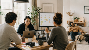 Diverse remote-first team collaborating in a warm home-office setting, with laptops showing a video call and shared planning board while one person takes a quiet wellbeing break on a sofa nearby.