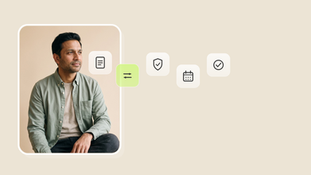 A man sits calmly in a framed portrait beside a row of frosted-glass icon tiles, a document, a switch symbol, a shield, a calendar, and a checkmark, representing the steps of switching EAP providers.