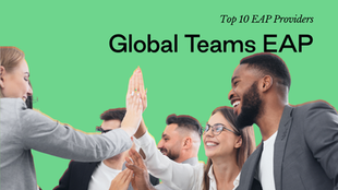 A blog header image with a bright green background. The text reads "Top 10 EAP Providers" in a small serif font, followed by "Global Teams EAP" in a large, bold black sans-serif font. Below the text is a group of diverse professionals in business attire, smiling and giving each other high-fives to celebrate a success.