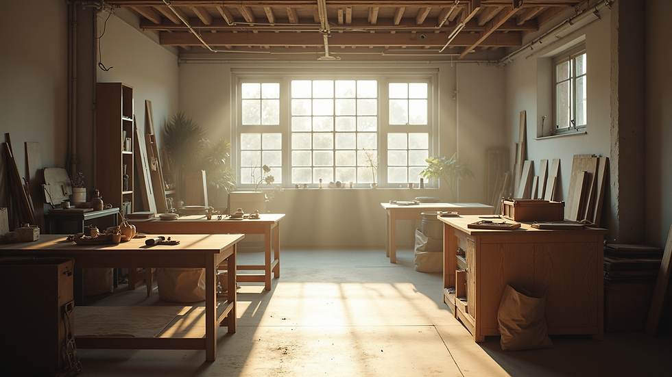 Eye-level view of a serene workshop space filled with natural light