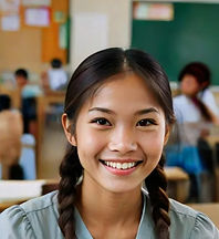 Chailai is from Thailand. She is about 19 years old, with dark hair, parted in the middle and with long pigtails coming forward over her shoulders. She has an open, innocent face, with bright, intelligent eyes and a broad smile. She is wearing blue open necked top in this head and shoulders image